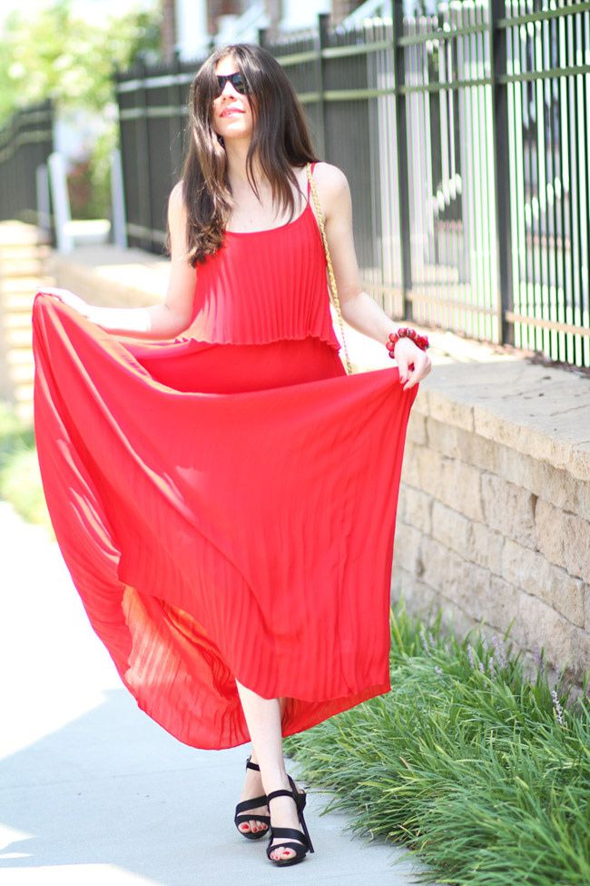 Red Pleated Maxi Dress, Fashion Outfit, LAMB Gwen Stefani Heels, Chanel bag