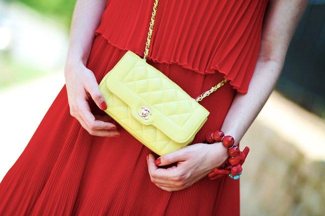 Red Pleated Maxi Dress, Fashion Outfit, LAMB Gwen Stefani Heels, Chanel bag