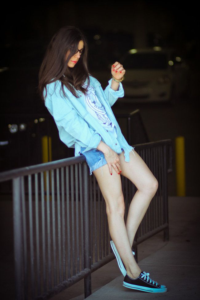 Jet jean shorts, Modekungen denim shirt, Marc Jacobs gold watch, Converse Chuck Taylor, Bonlook eyeglasses, Malibu Native, Fashion Outfit