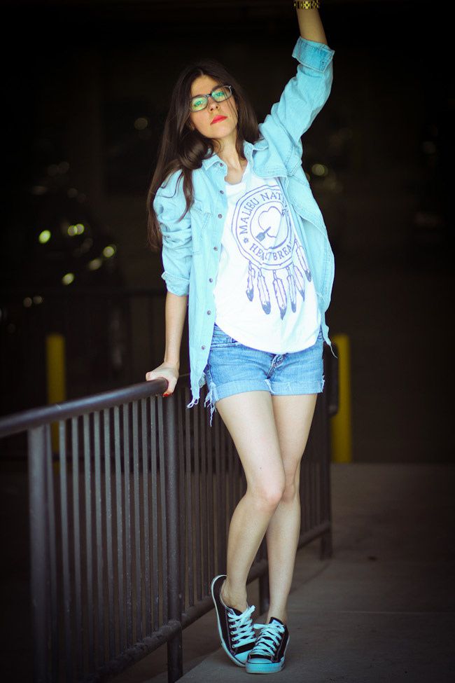 Jet jean shorts, Modekungen denim shirt, Marc Jacobs gold watch, Converse Chuck Taylor, Bonlook eyeglasses, Malibu Native, Fashion Outfit