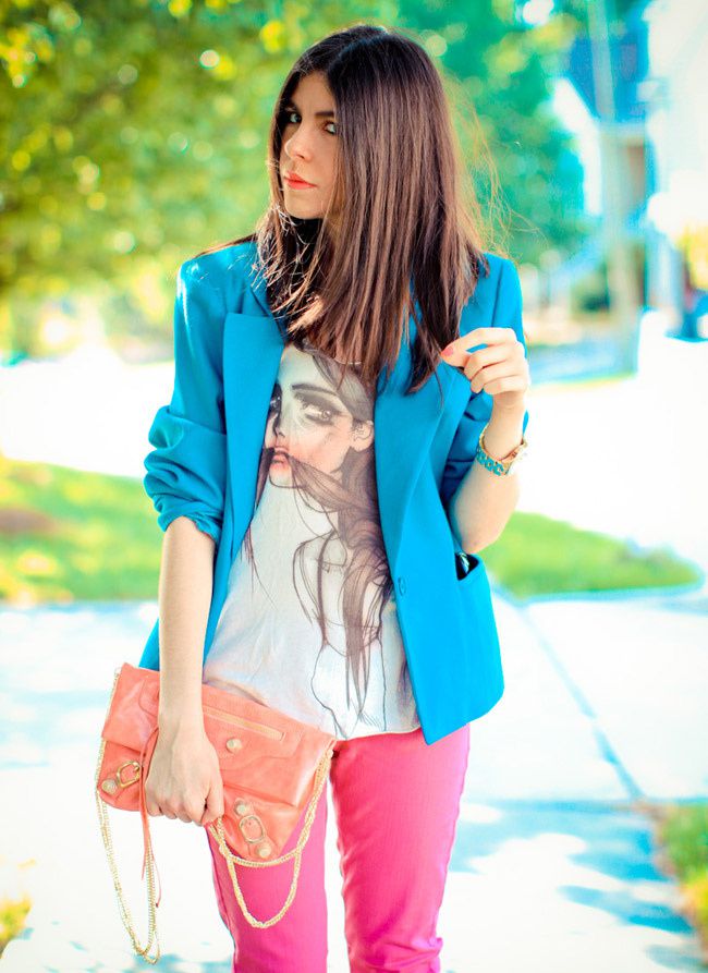 Hot Pink Jeans, Balenciaga clutch, Urban Outfitters, Blazer Fashion Outfit, Dior Extreme sandals