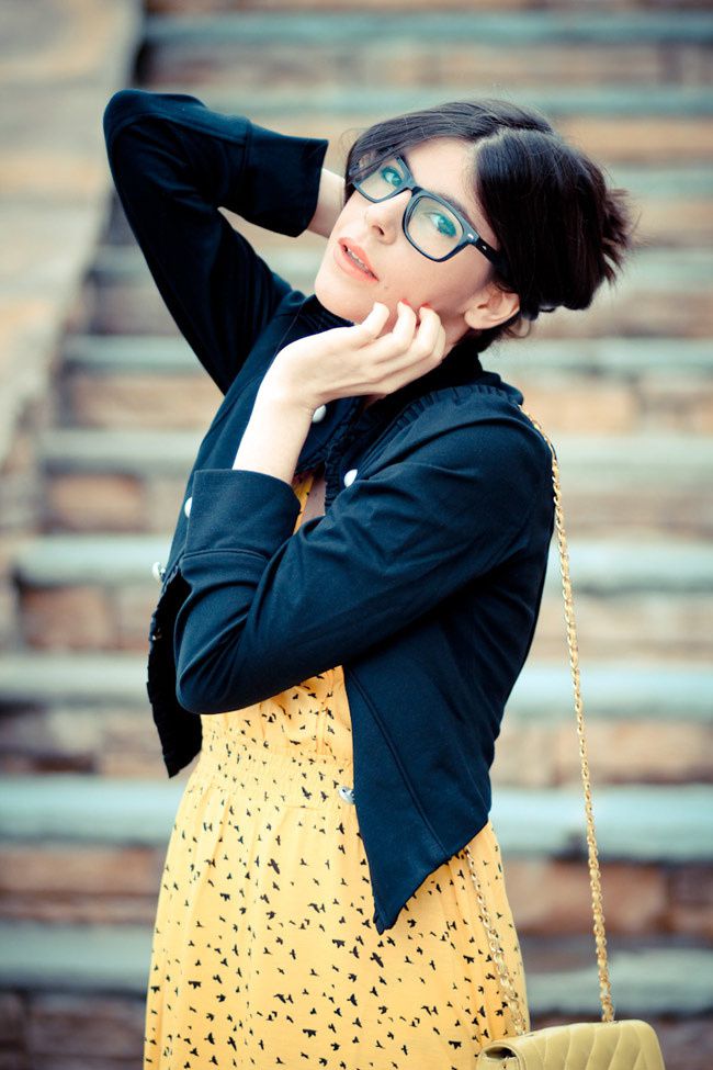 Modcloth Yellow Dress, Vintage Chanel bag, Ankle boots, Fashion outfit, Glasses