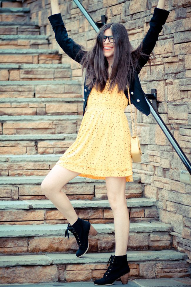 Modcloth Yellow Dress, Vintage Chanel bag, Ankle boots, Fashion outfit, Glasses