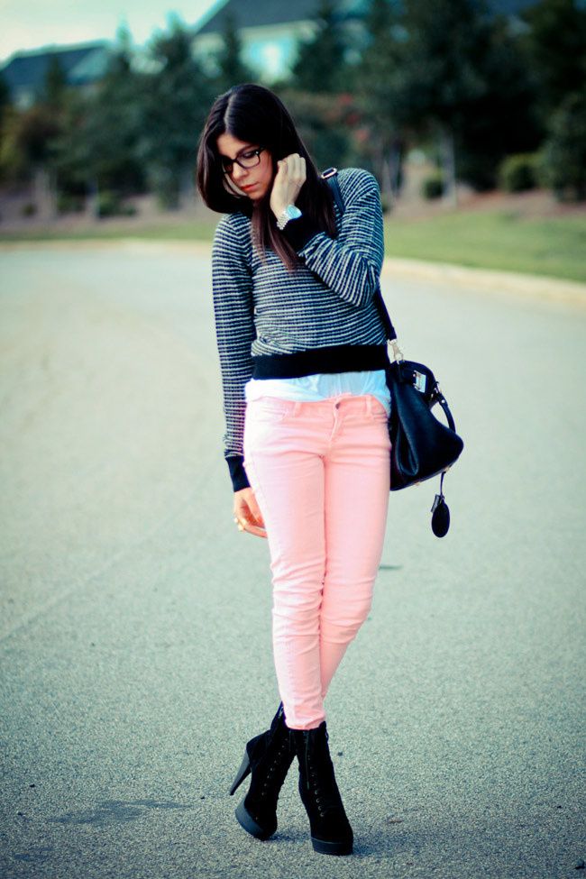 Striped Sweater, Hot Pink Neon Skinny Jeans, Black Ankle boots, Paddington Chloe bag