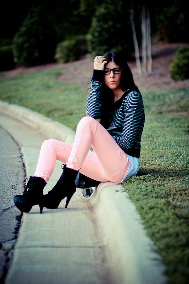 Striped Sweater, Hot Pink Neon Skinny Jeans, Black Ankle boots, Paddington Chloe bag