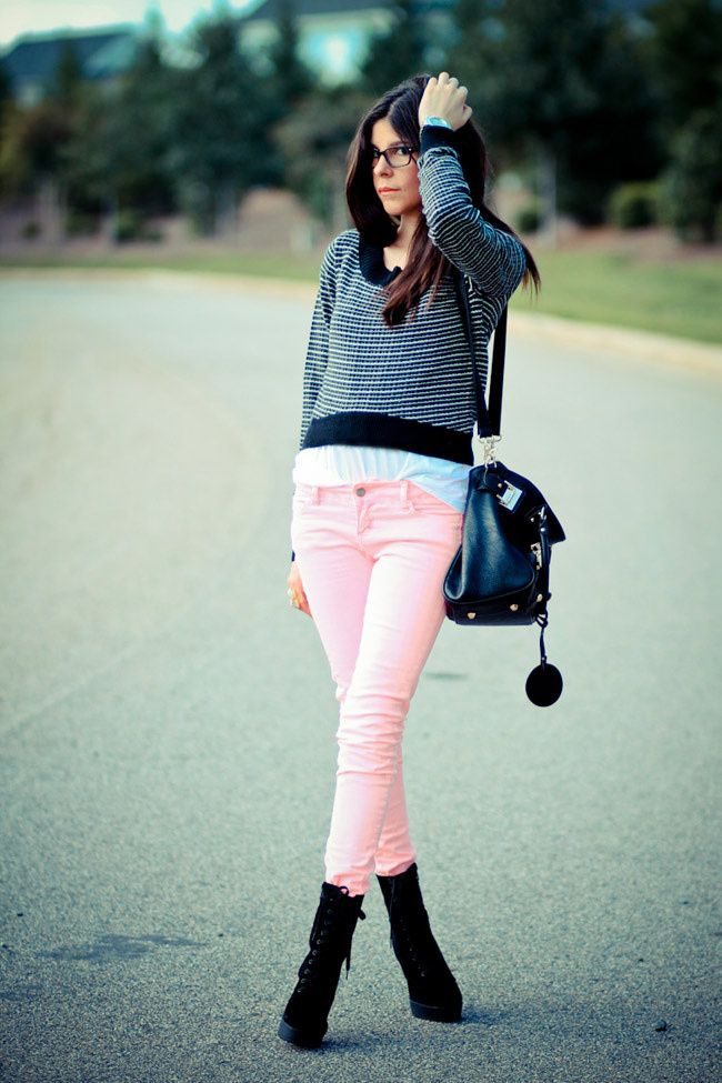 Striped Sweater, Hot Pink Neon Skinny Jeans, Black Ankle boots, Paddington Chloe bag