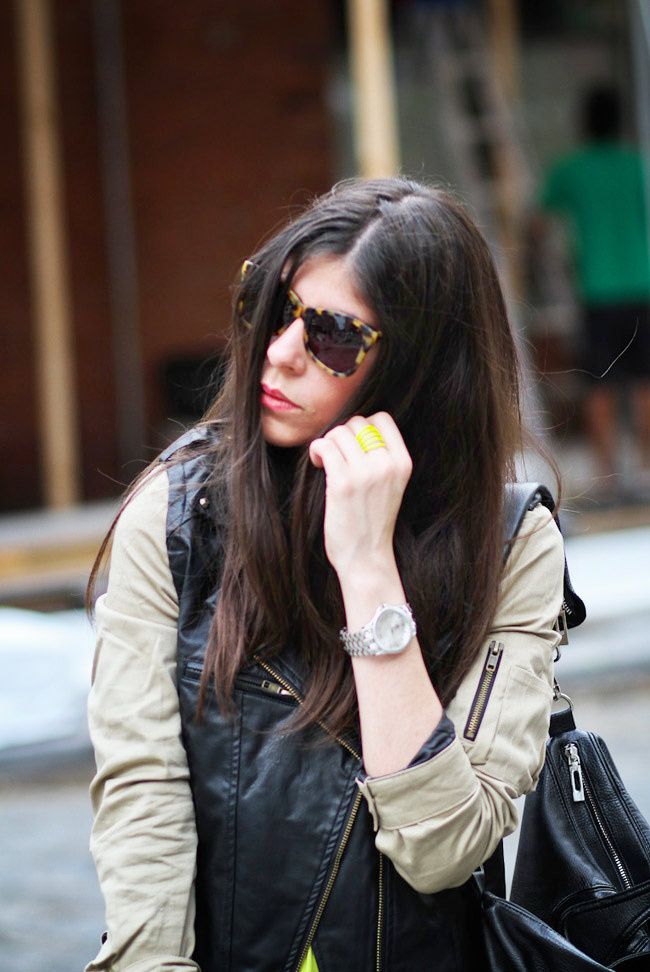 Karen Walker Sunglasses, Soho New York, Neon Fashion, NYFW, Converse, Balenciaga leather jacket style