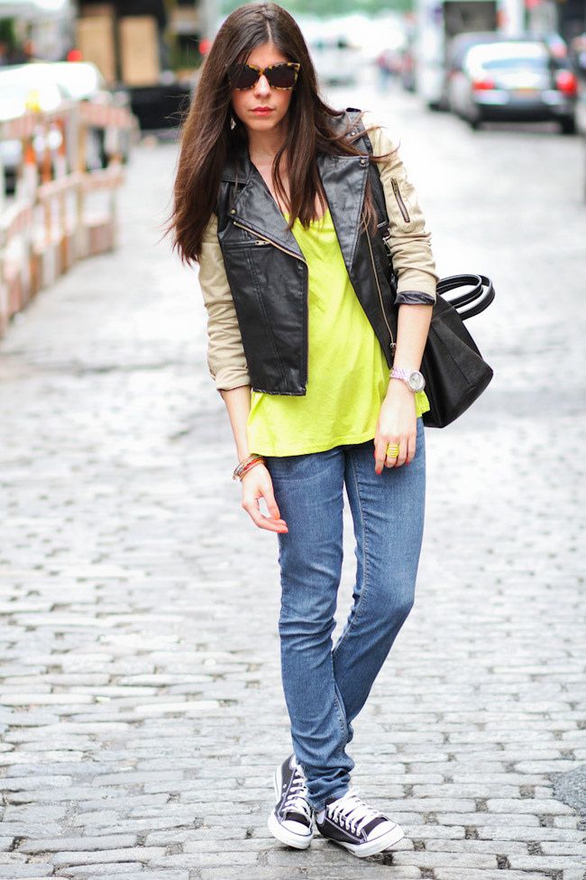 Karen Walker Sunglasses, Soho New York, Neon Fashion, NYFW, Converse, Balenciaga leather jacket style