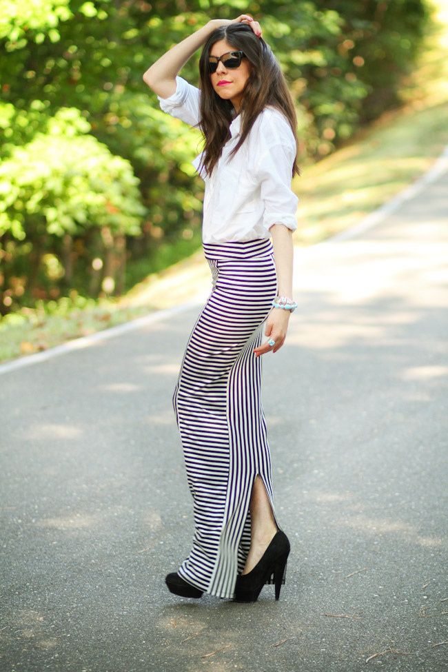 Stripe Maxi Skirt, Asos White Blouse, Asos pumpkin heels, Ippolita Scultura Turquoise Jewelry, John Hardy Silver Tiger Cuff, Fashion outfit