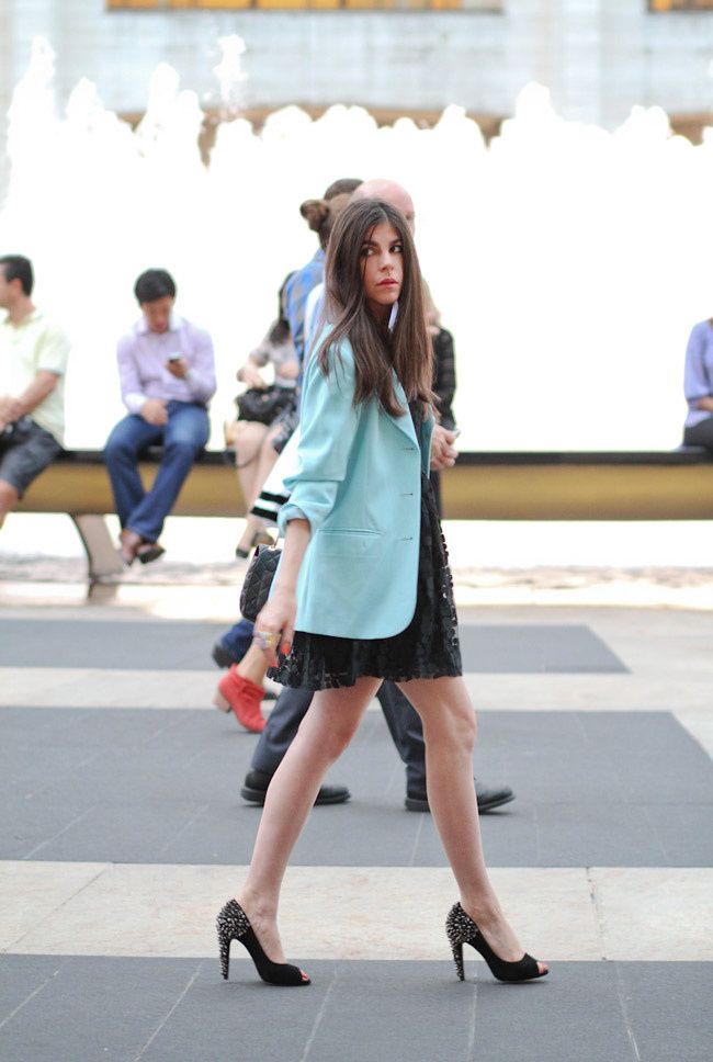 New York Fashion Week, Black Lace dress, Chanel, Elie Tahari, True Blood Janina Gavankar, Blue Blazer, Fashion outfit