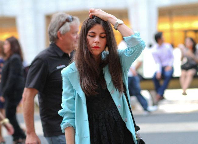 New York Fashion Week, Black Lace dress, Chanel, Elie Tahari, True Blood Janina Gavankar, Blue Blazer, Fashion outfit