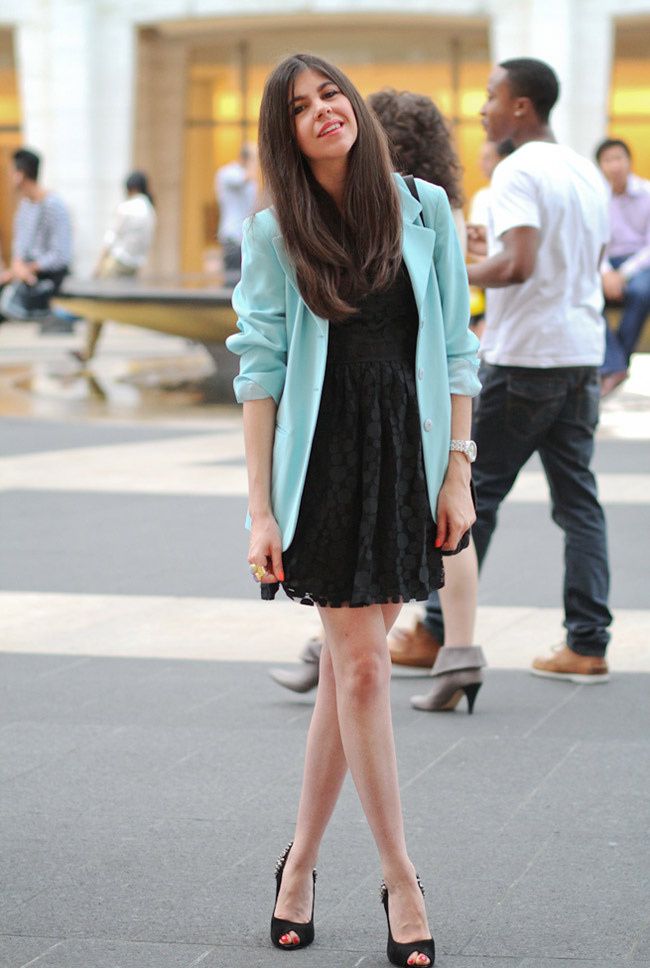 New York Fashion Week, Black Lace dress, Chanel, Elie Tahari, True Blood Janina Gavankar, Blue Blazer, Fashion outfit