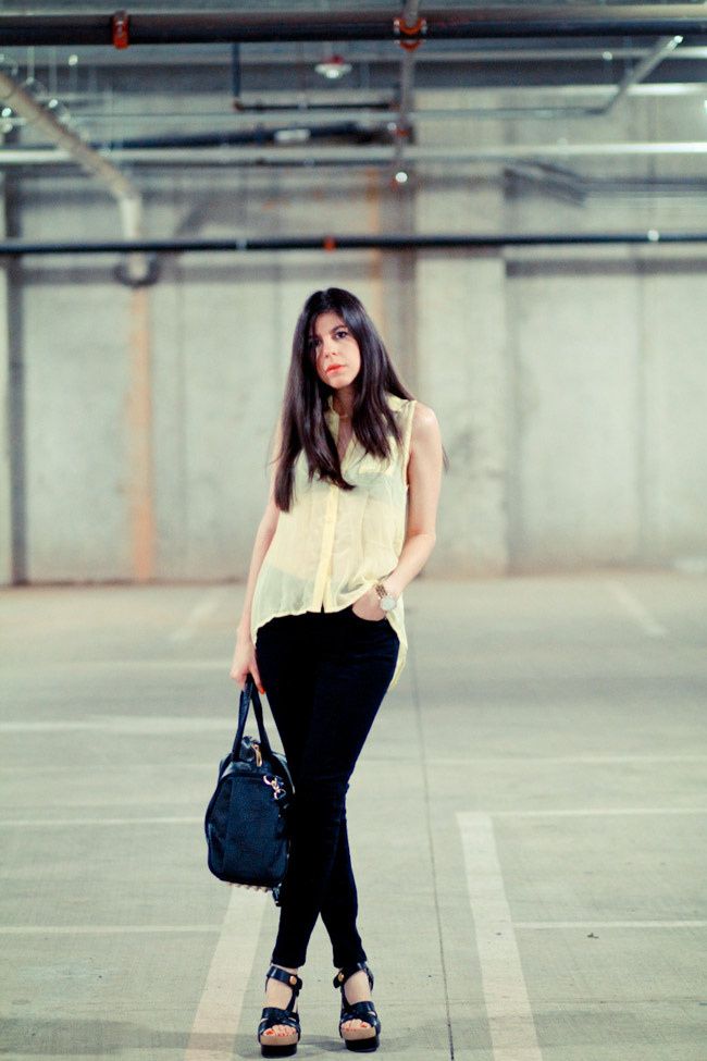 Sheer Blouse, Balenciaga platforms sandals, Alexander Wang Rocco duffel bag, Fashion outfit