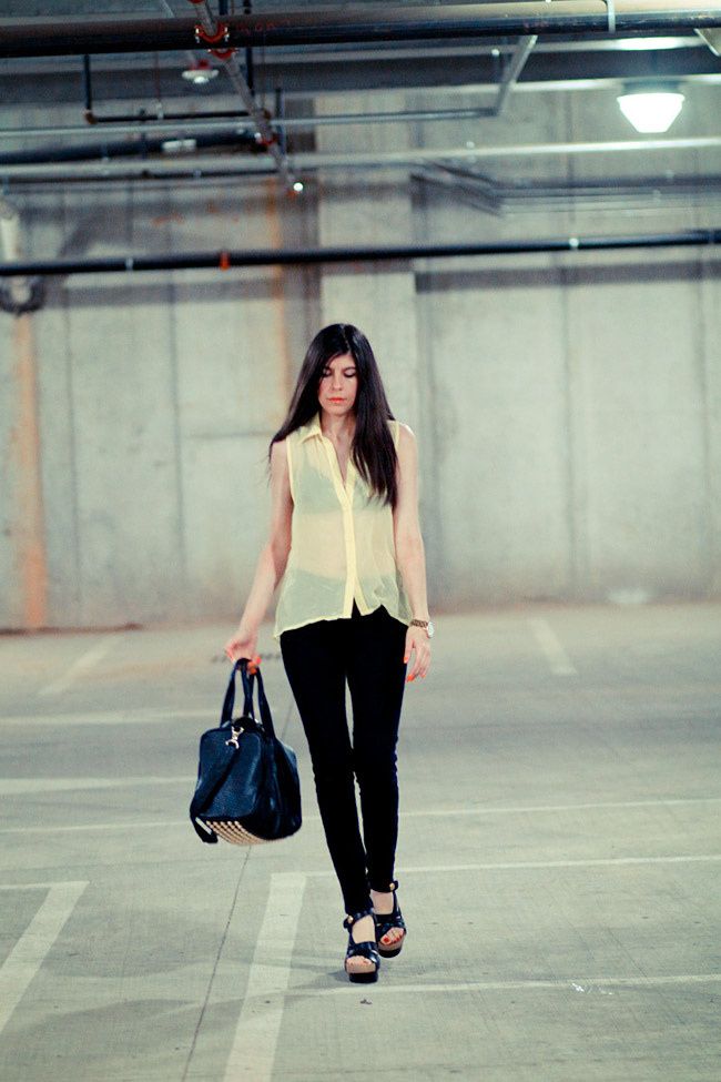 Sheer Blouse, Balenciaga platforms sandals, Alexander Wang Rocco duffel bag, Fashion outfit