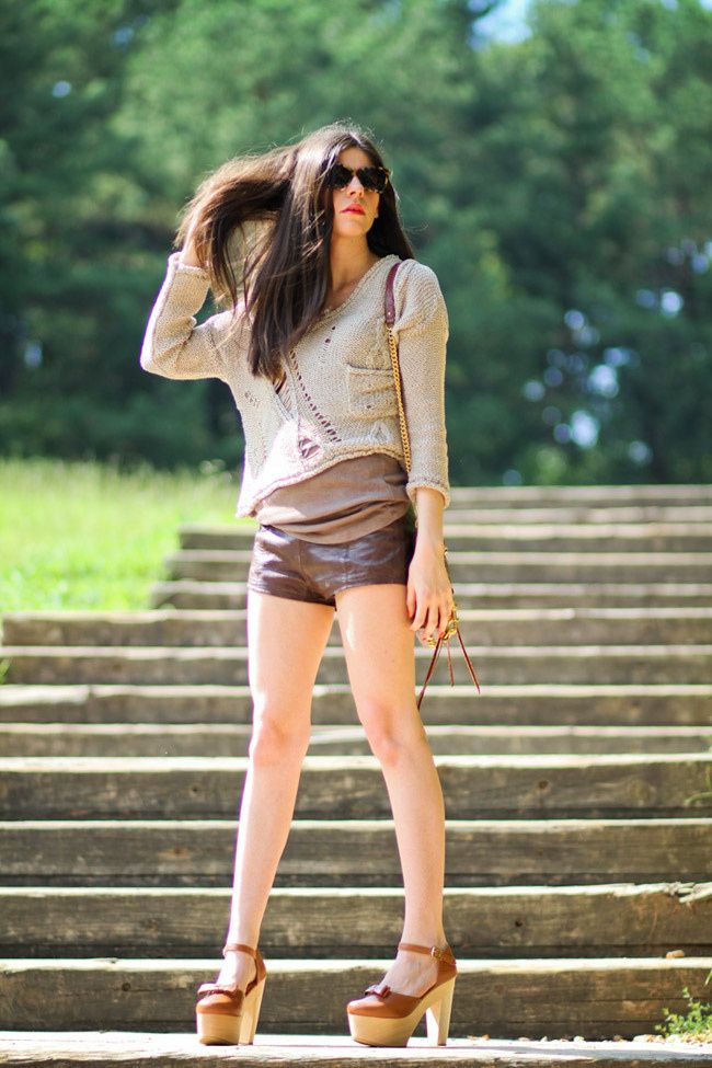 Abercrombie and Fitch Leather shorts, Brandy Love Melville Chunky Knit, Chloe Sevigny Opening Ceremony Platform Mary Janes, Karen Walker Perfect Day Sunglasses, Rebecca Minkoff MAC Bag, Fashion outfit