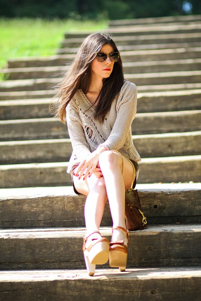 Abercrombie and Fitch Leather shorts, Brandy Love Melville Chunky Knit, Chloe Sevigny Opening Ceremony Platform Mary Janes, Karen Walker Perfect Day Sunglasses, Rebecca Minkoff MAC Bag, Fashion outfit