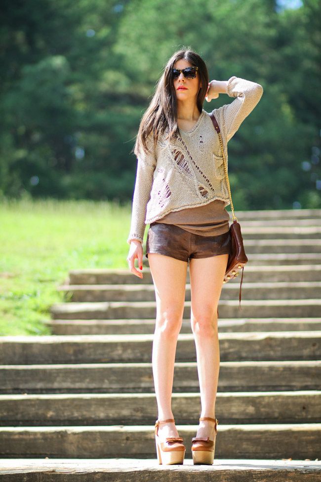Abercrombie and Fitch Leather shorts, Brandy Love Melville Chunky Knit, Chloe Sevigny Opening Ceremony Platform Mary Janes, Karen Walker Perfect Day Sunglasses, Rebecca Minkoff MAC Bag, Fashion outfit