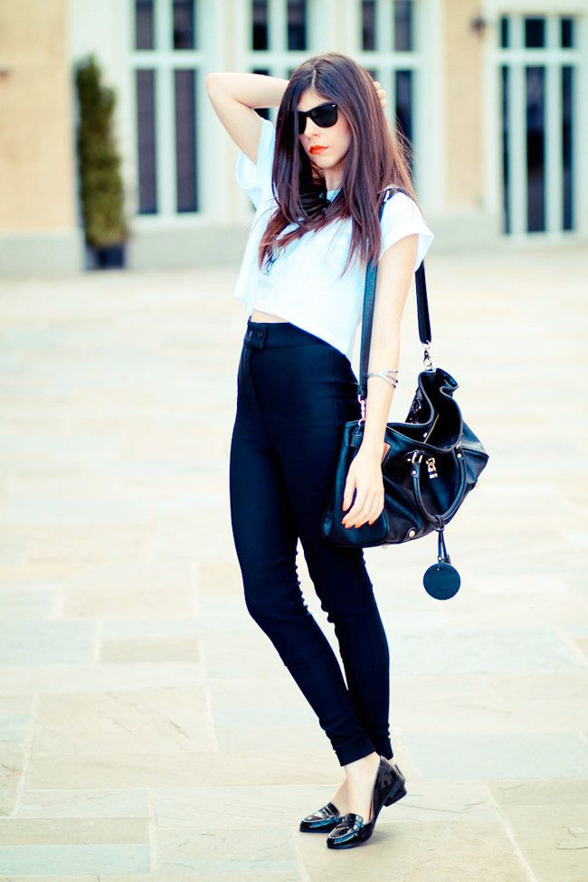 American Apparel riding pants, Ray Ban Wayfarer sunglasses, Patent Penny Loafers, Fashion outfit