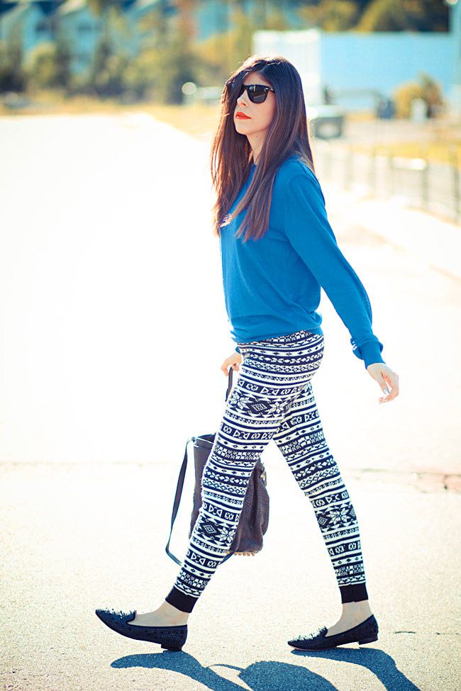 Alexander Wang Diego Bucket bag, American Apparel sweater, Hue ski leggings, Sam Edelman Adena Spike loafers, Fashion Outfit
