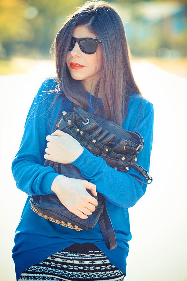 Alexander Wang Diego Bucket bag, American Apparel sweater, Hue ski leggings, Sam Edelman Adena Spike loafers, Fashion Outfit