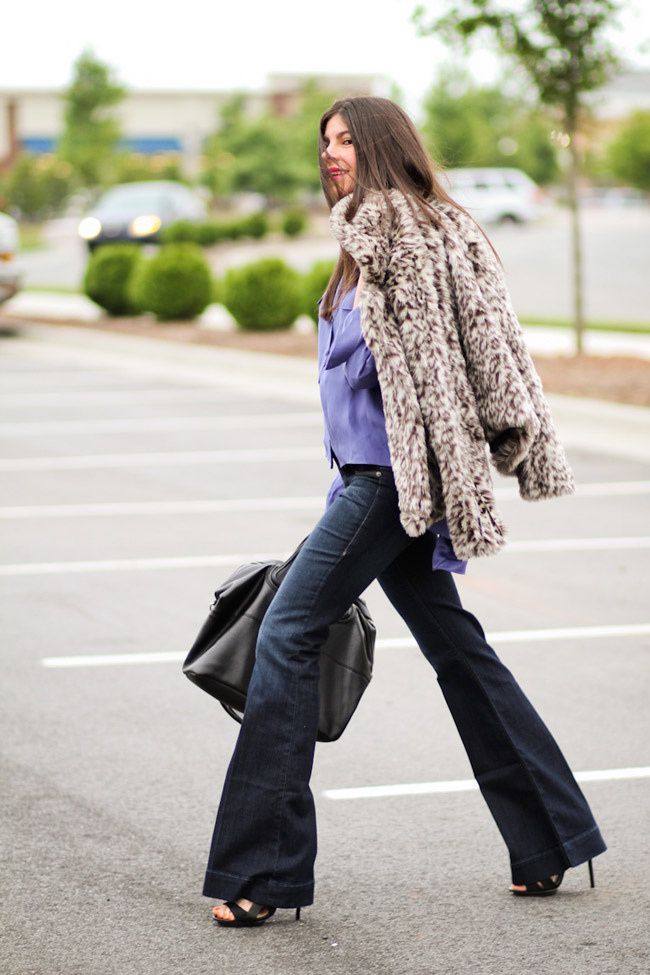 Leopard fur, Bell bottom jeans, LAMB Sandals, Fashion Outfit, Givenchy Nightingale bag