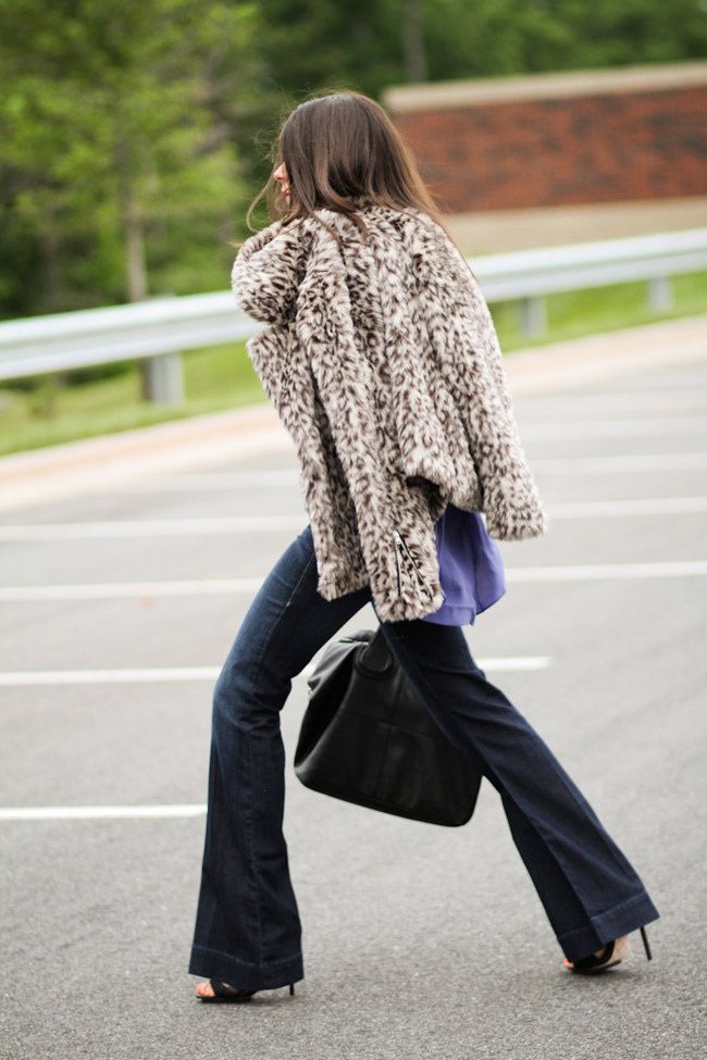 Leopard fur, Bell bottom jeans, LAMB Sandals, Fashion Outfit, Givenchy Nightingale bag