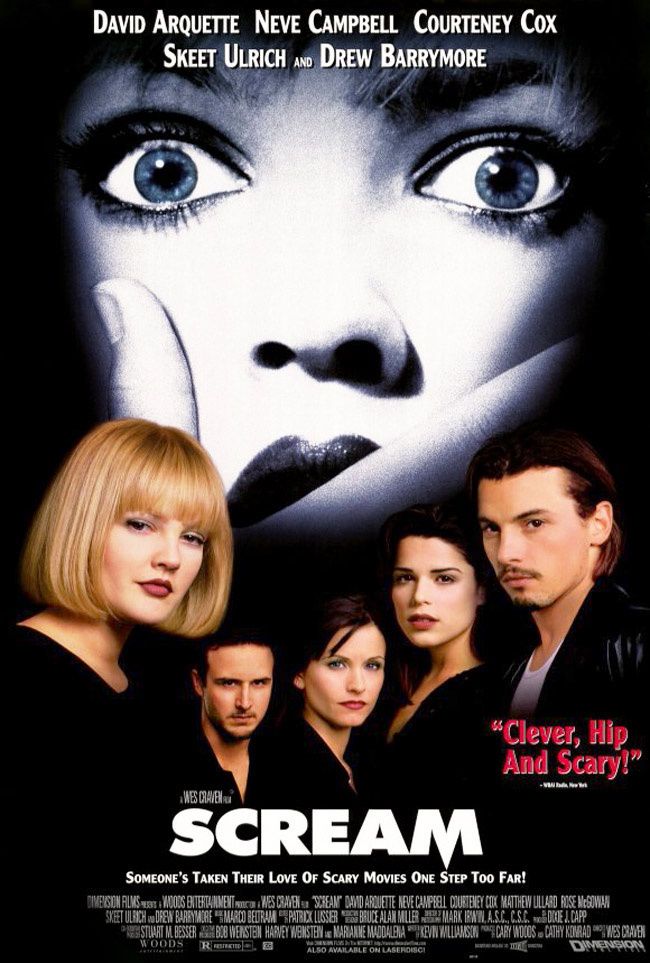 Scream the movie, Drew Barrymore, Neve Campbell, Skeet Ulrich, Halloween movies