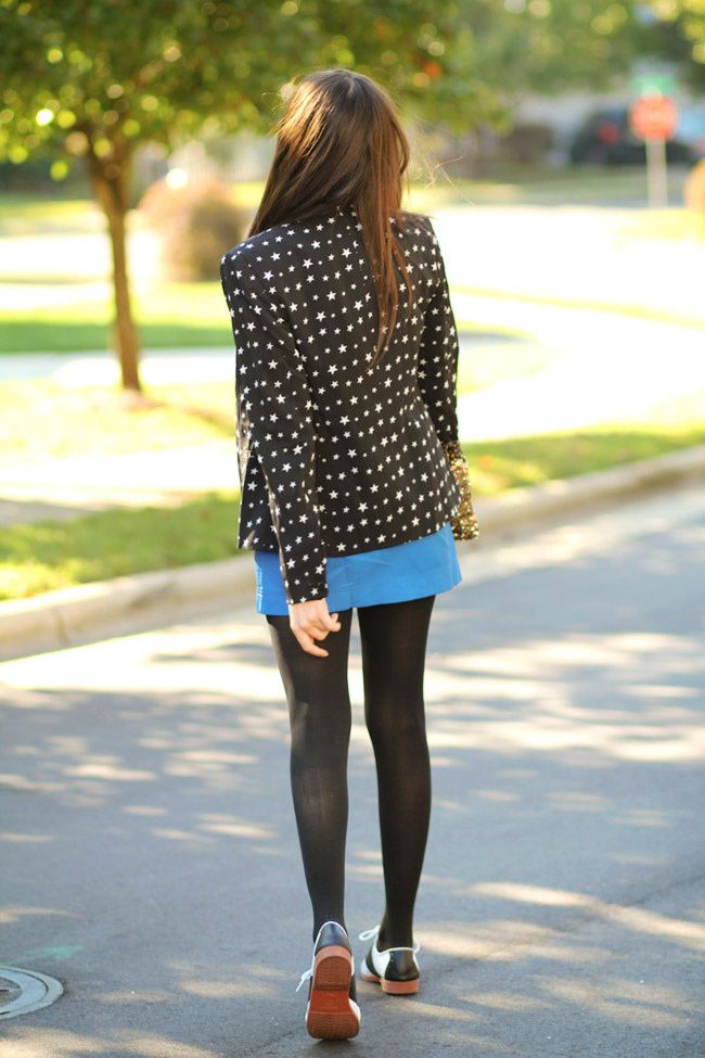 Star Print Zara Blazer, Blue Leather Skirt, Zara Sequin Clutch, Saddle shoes, Fifties Fashion, Outfit