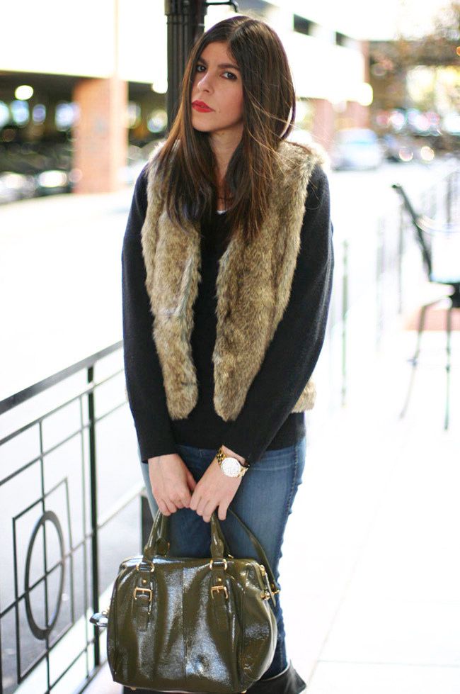 Fur vest, J Brand Skinny Jeans, Gucci boots, Gossip girl, Starbucks, Fashion outfit