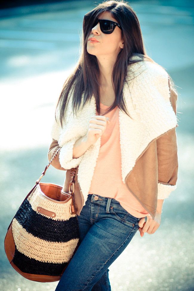 MinkPink Shearling, Rebecca Minkoff tote, RayBan Wayfarer, Suede moccasins, Fashion outfit