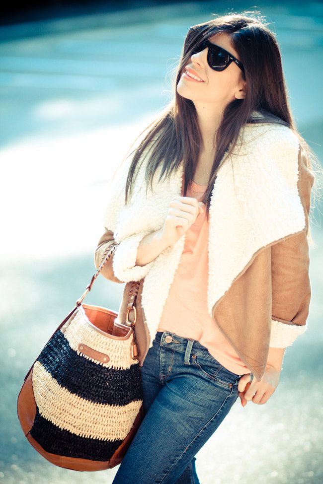 MinkPink Shearling, Rebecca Minkoff tote, RayBan Wayfarer, Suede moccasins, Fashion outfit