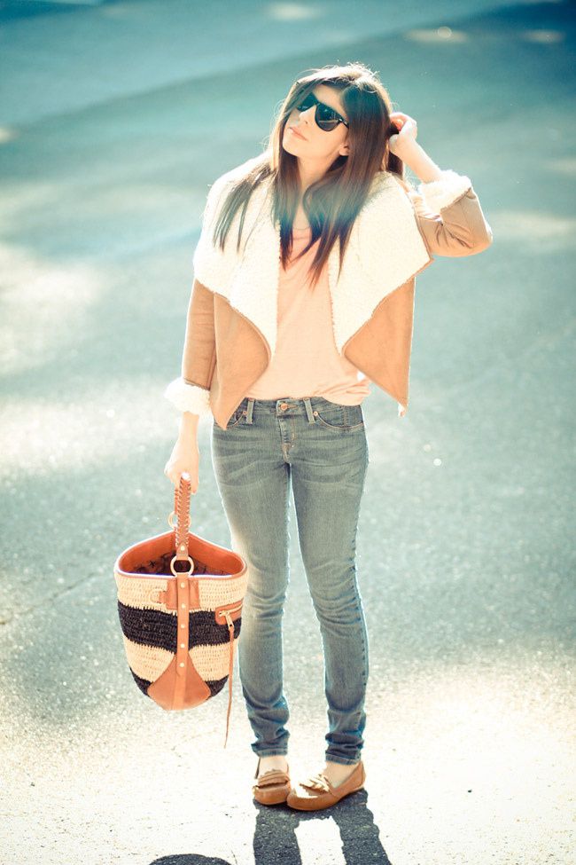 MinkPink Shearling, Rebecca Minkoff tote, RayBan Wayfarer, Suede moccasins, Fashion outfit