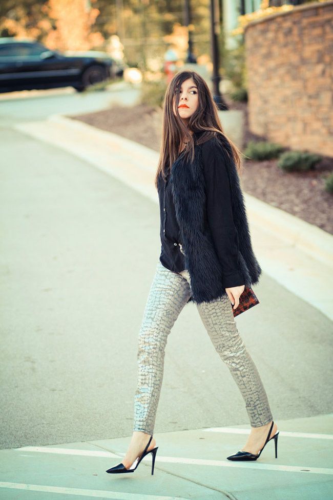 Armani Exchange Metallic Print Legging Jeans, Stella McCartney heels, Faux Fur vest, Olivia Palermo, Fashion Outfit