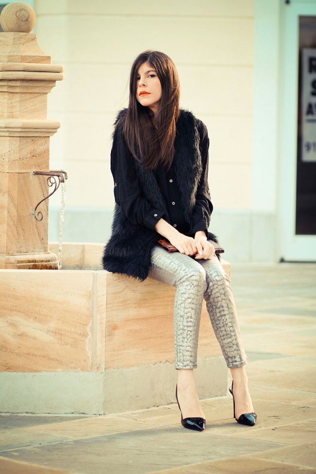 Armani Exchange Metallic Print Legging Jeans, Stella McCartney heels, Faux Fur vest, Olivia Palermo, Fashion Outfit