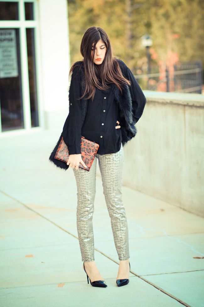 Armani Exchange Metallic Print Legging Jeans, Stella McCartney heels, Faux Fur vest, Olivia Palermo, Fashion Outfit