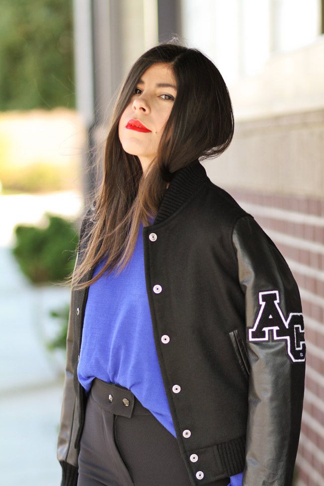 American Apparel riding pants, Aldo dalmatian print loafers, Varsity Jacket with Leather sleeves, Fashion Outfit