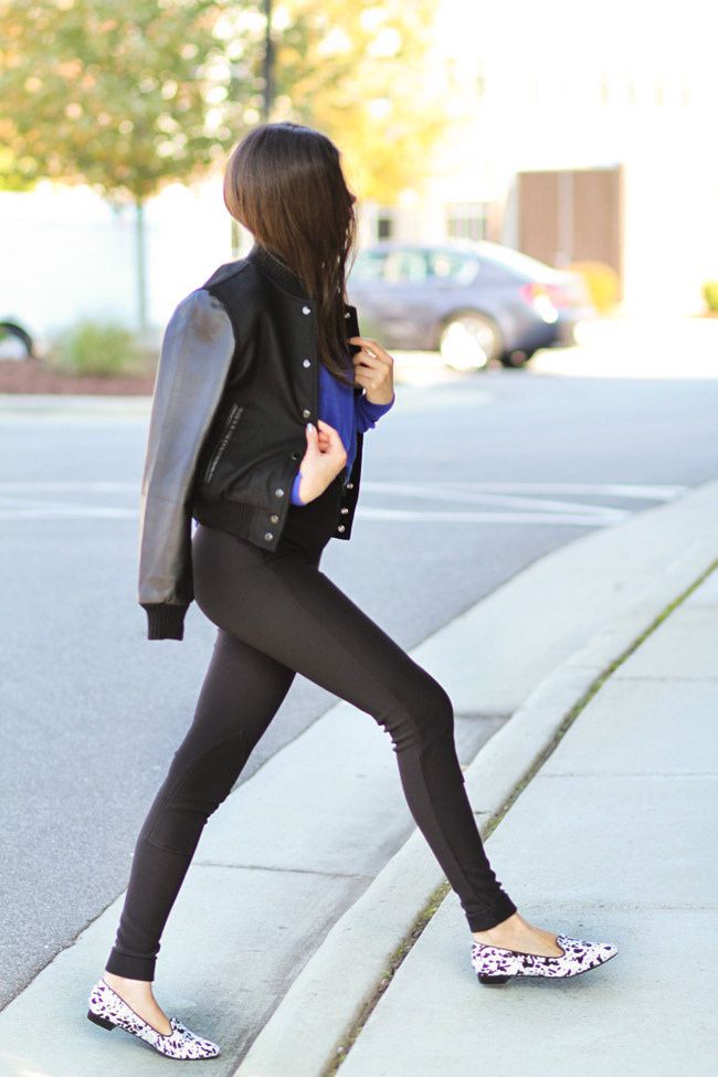 American Apparel riding pants, Aldo dalmatian print loafers, Varsity Jacket with Leather sleeves, Fashion Outfit