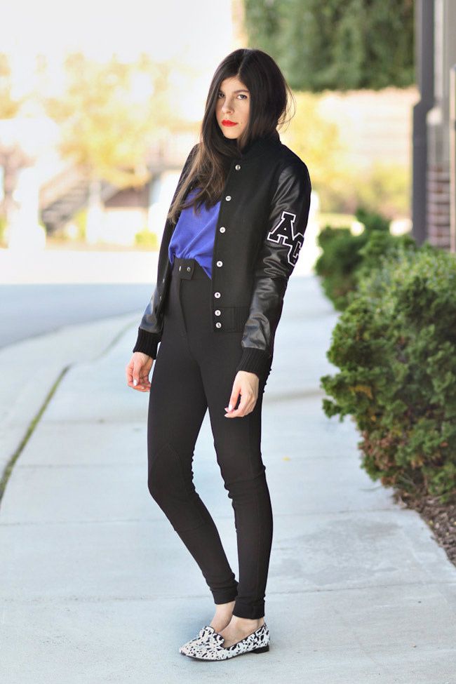American Apparel riding pants, Aldo dalmatian print loafers, Varsity Jacket with Leather sleeves, Fashion Outfit