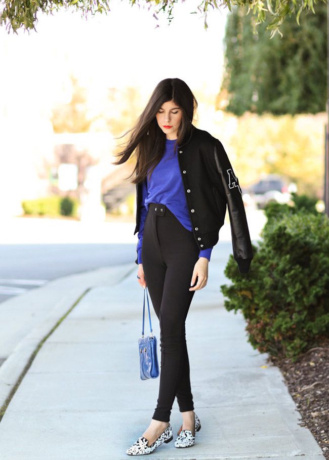 American Apparel riding pants, Aldo dalmation print loafers, Varsity Jacket with Leather sleeves, Fashion Outfit