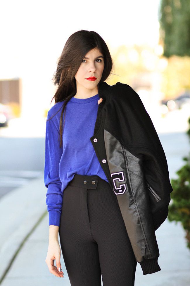 American Apparel riding pants, Aldo dalmatian print loafers, Varsity Jacket with Leather sleeves, Fashion Outfit
