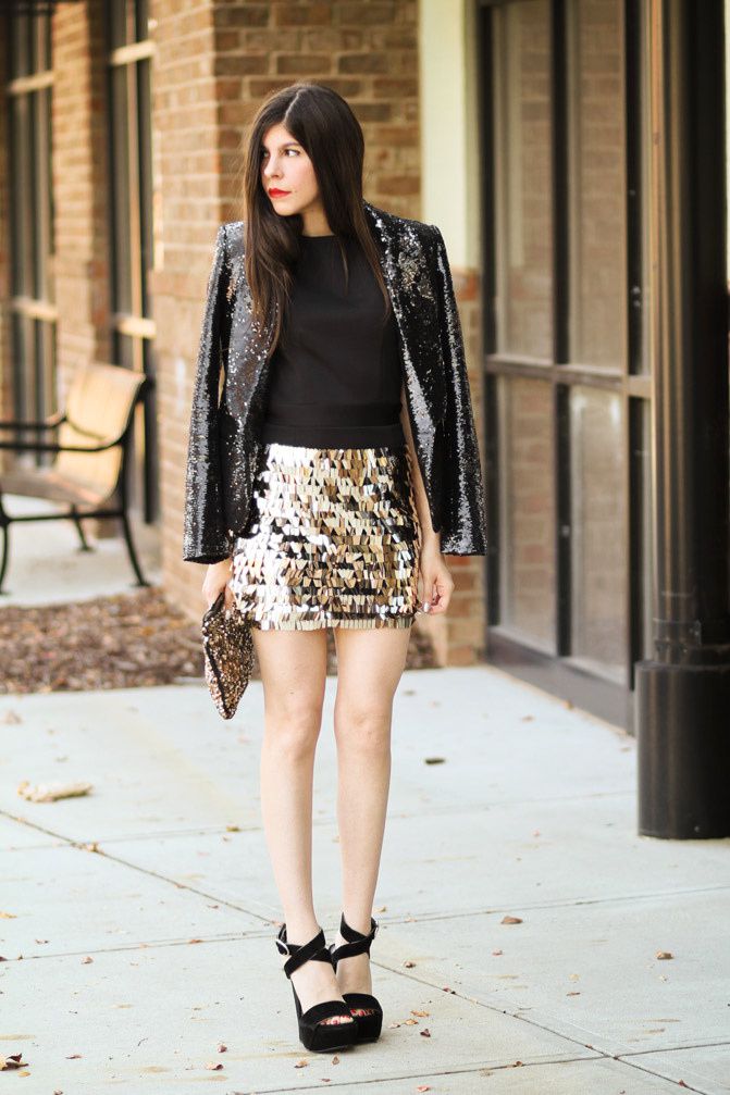 Armani Exchange Sequin blazer, Dolce and Gabbana wedges, Zara sequin clutch, Fashion outfit