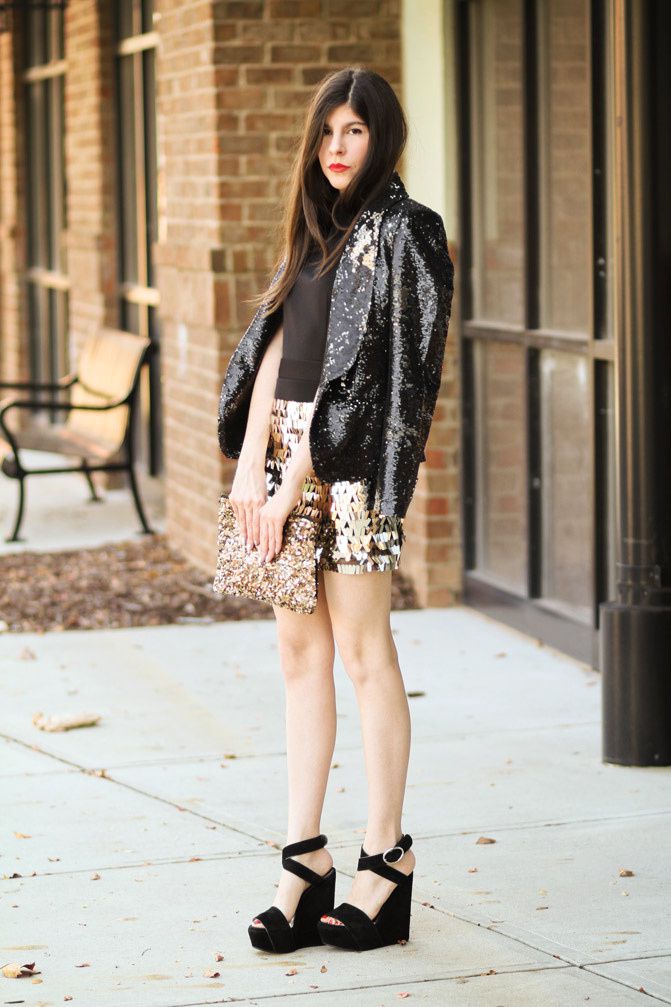 Armani Exchange Sequin blazer, Dolce and Gabbana wedges, Zara sequin clutch, Fashion outfit