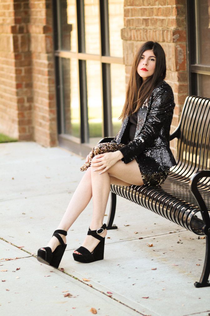 Armani Exchange Sequin blazer, Dolce and Gabbana wedges, Zara sequin clutch, Fashion outfit