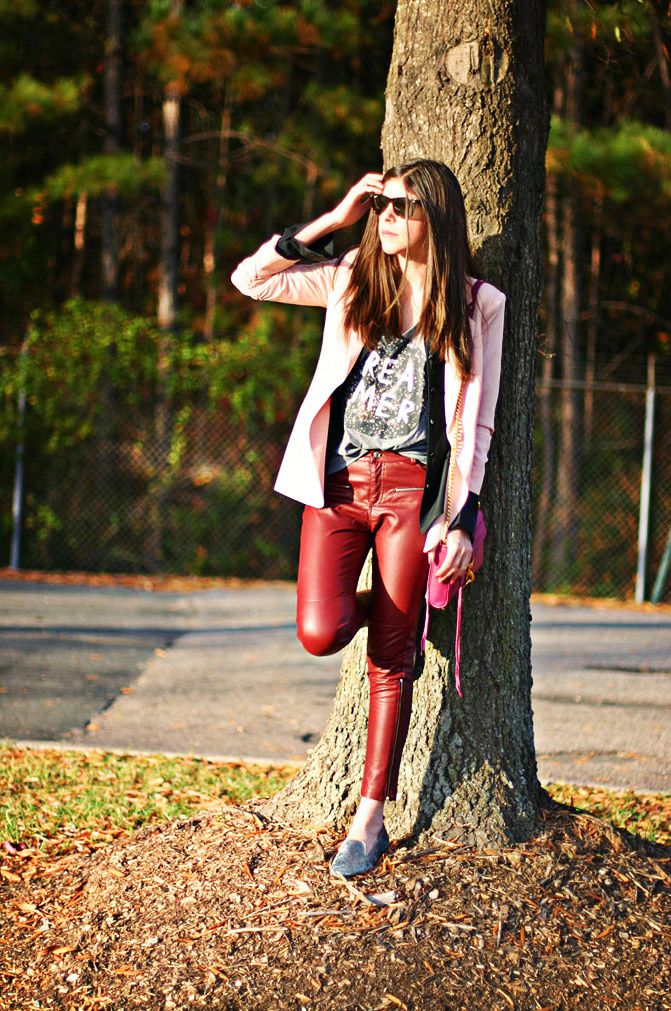 Rebecca Minkoff mini MAC bag, velvet slippers, Leather pants, Pink blazer, outfit, Fashion