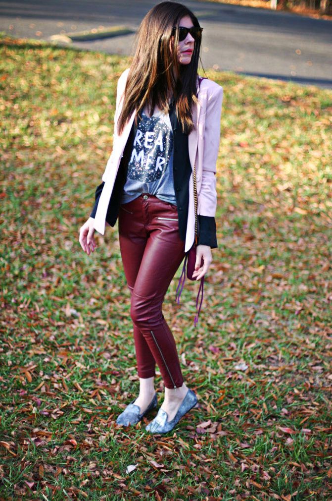 Rebecca Minkoff mini MAC bag, velvet slippers, Leather pants, Pink blazer, outfit, Fashion