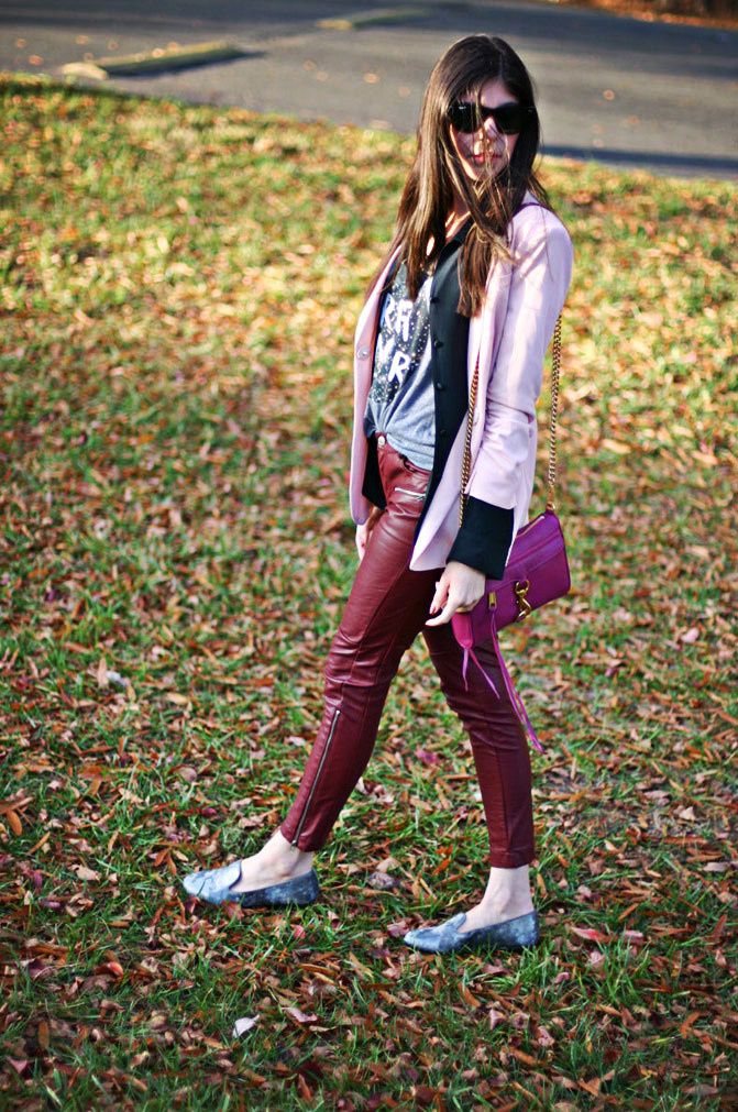 Rebecca Minkoff mini MAC bag, velvet slippers, Leather pants, Pink blazer, outfit, Fashion