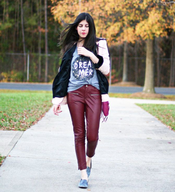 Rebecca Minkoff mini MAC bag, velvet slippers, Leather pants, Pink blazer, outfit, Fashion