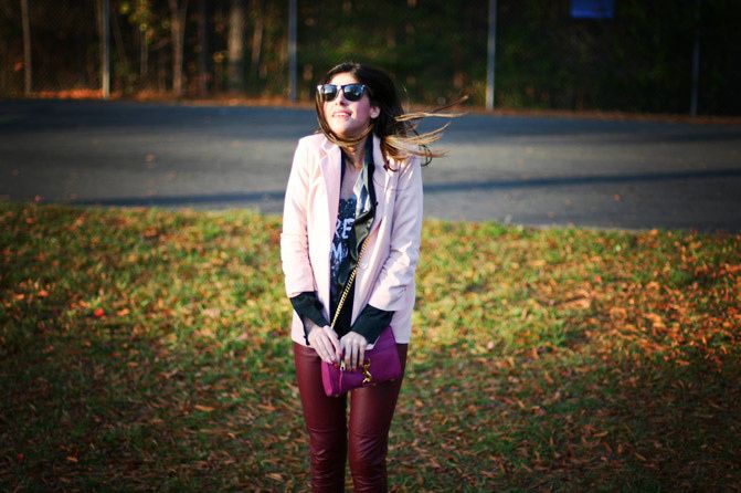 Rebecca Minkoff mini MAC bag, velvet slippers, Leather pants, Pink blazer, outfit, Fashion