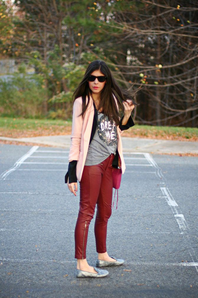 Rebecca Minkoff mini MAC bag, velvet slippers, Leather pants, Pink blazer, outfit, Fashion