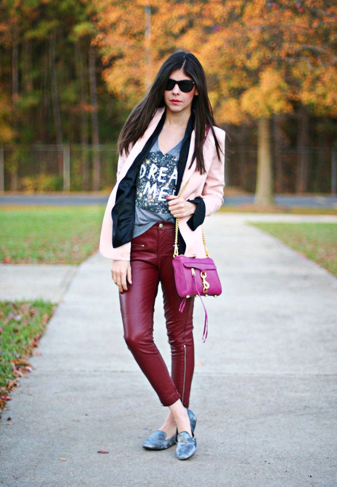 Rebecca Minkoff mini MAC bag, velvet slippers, Leather pants, Pink blazer, outfit, Fashion
